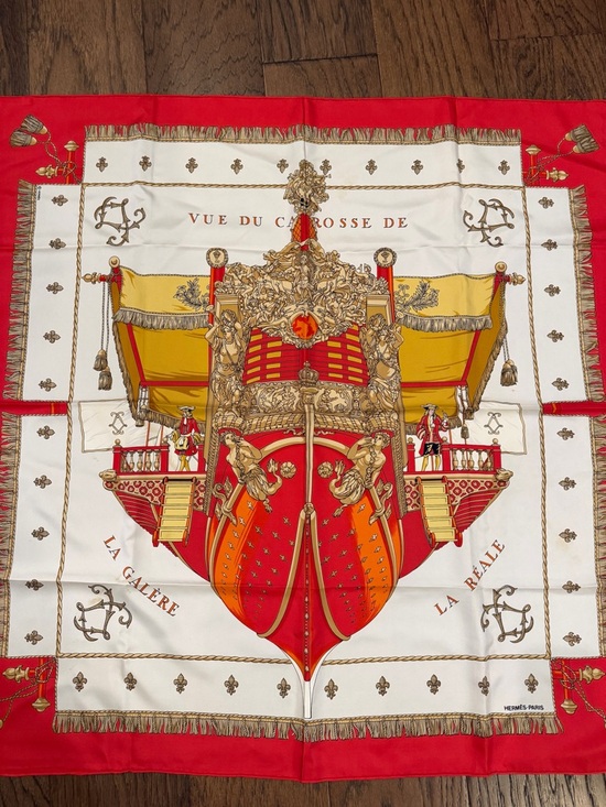 Hermes Accessories - Hermes Coral Red and Gold Silk Scarf VUE DU CARROSSE DE